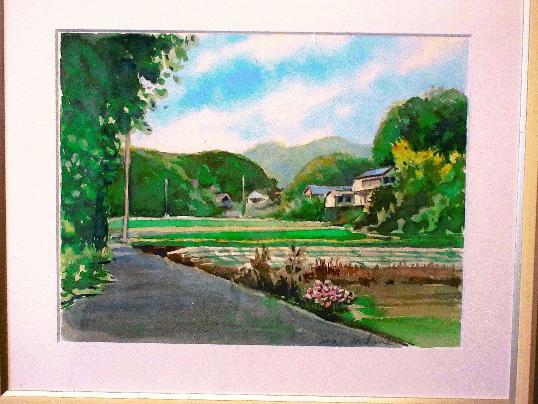 長閑な田園風景 水彩画 フレーム付き