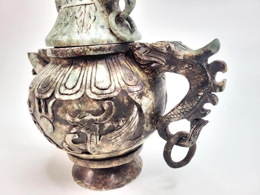 玉石製　玉彫 獣尊酒器 時代物 極細工 手彫り 置物 賞物 中国古美術 蔵出