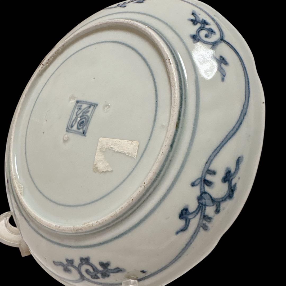 骨董品 アンティーク 蛸唐草 古伊万里 皿 丸皿 染付け 藍色 伊万里 渦福銘