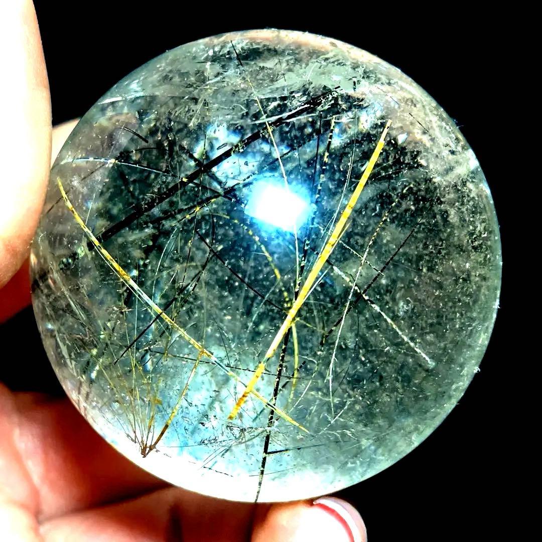 45mm ゴールドブラックルチルクォーツ　丸玉　スフィア　金黒針水晶