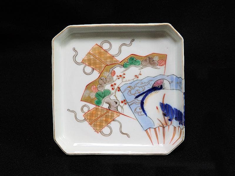 古伊万里　染錦　松に丹頂鶴の図　角皿　４枚　D827AS-BJn