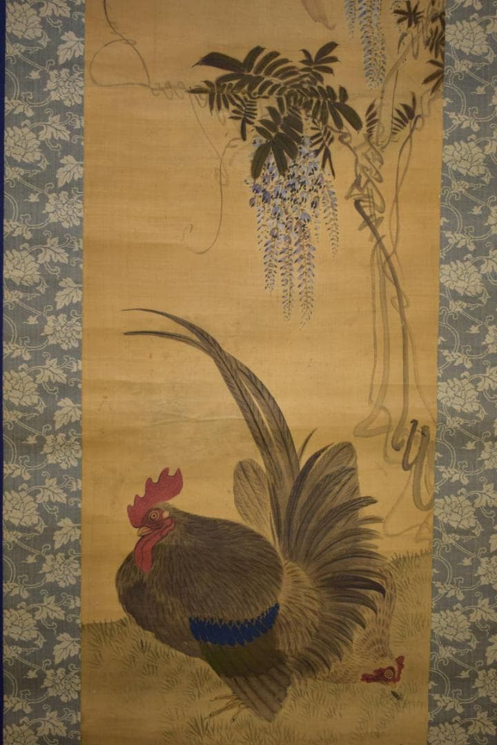 真作/秀文/藤/双鶏図/布袋屋掛軸HI-868