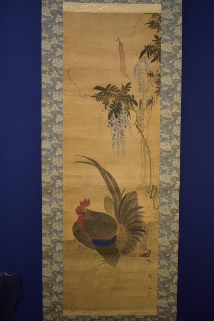 真作/秀文/藤/双鶏図/布袋屋掛軸HI-868