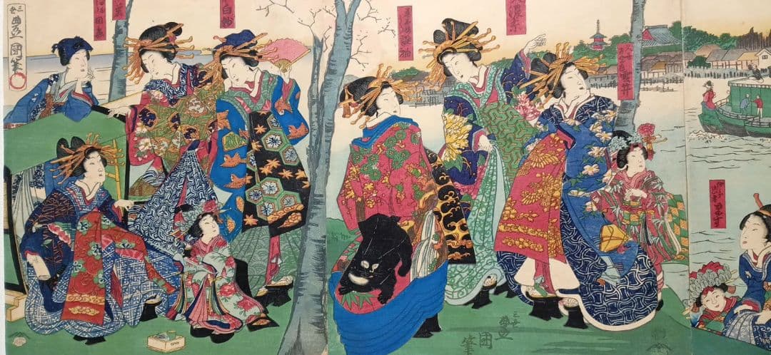 浮世絵版画、全盛楼花見夕栄（蒸気船)三枚綴り、景色昇斎画、人物三世豊国実は4代画