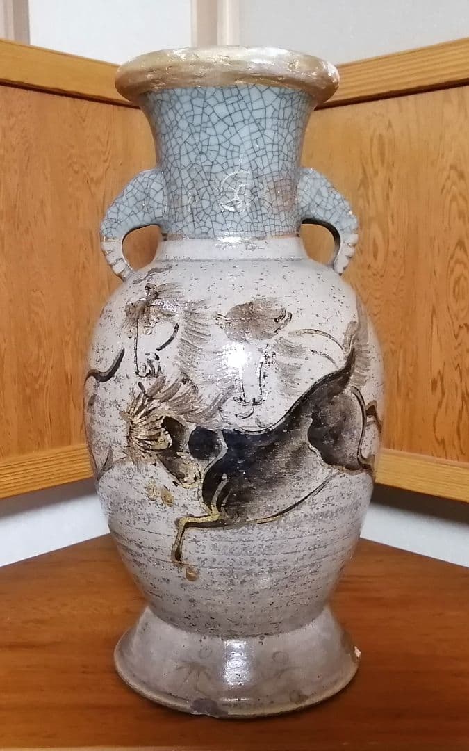 相馬焼　双駒　金彩　双耳大花瓶　希少品　大正期頃　高さ約34cm　骨董　古美術