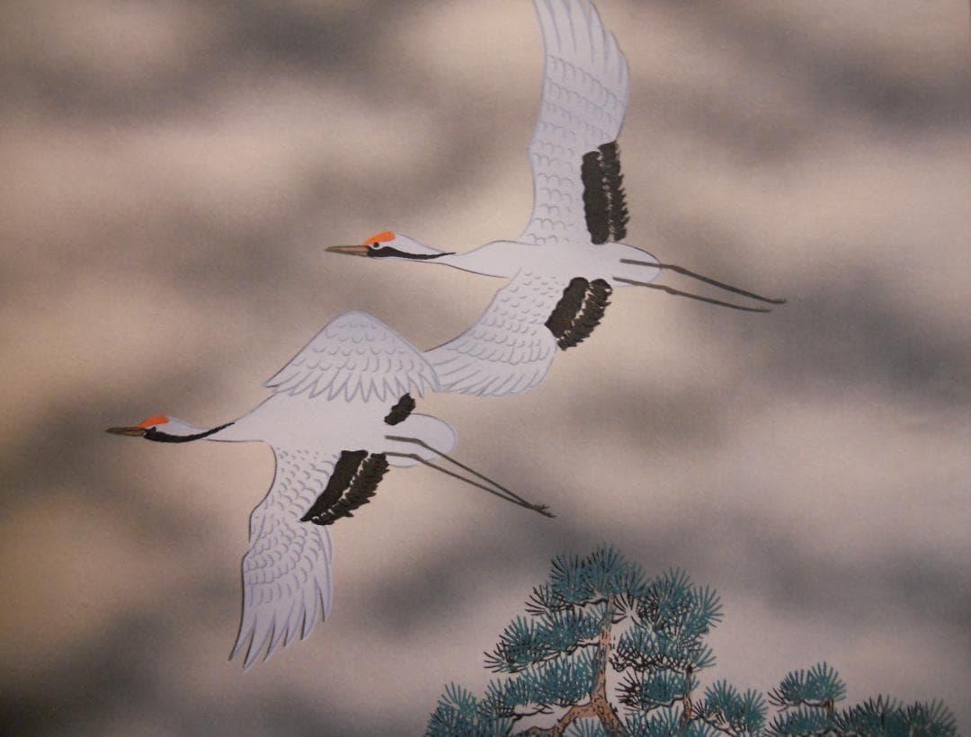 掛け軸 春峰 赤富士双鶴 絹本 希少 軸装 茶道具 掛軸 美品 です。