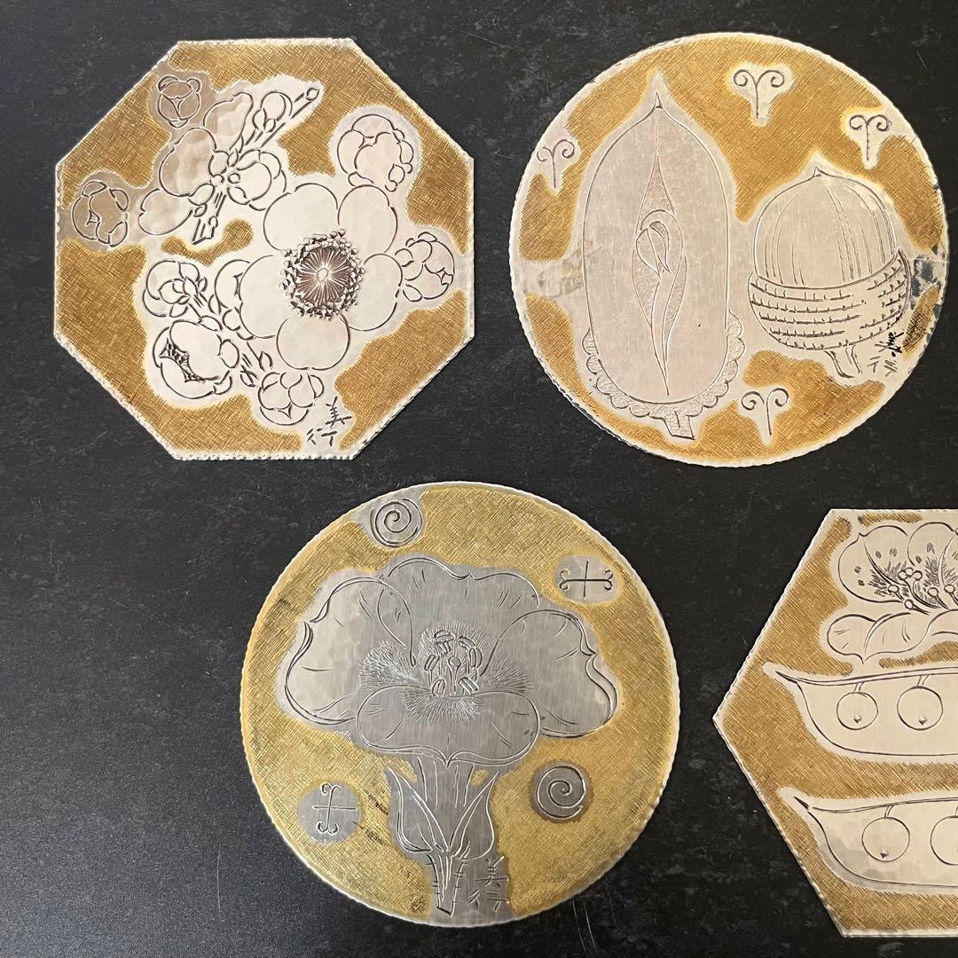 SNT648 彫金家『帖佐美行』作 純銅コースター ５枚組 在銘 共箱 風の言葉