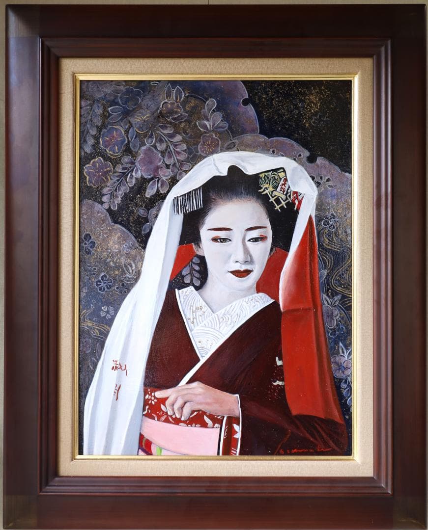 舞妓　美人画　日展作家作品　油絵　P8　直筆1点物　額縁付　京都祇園甲部　芸妓