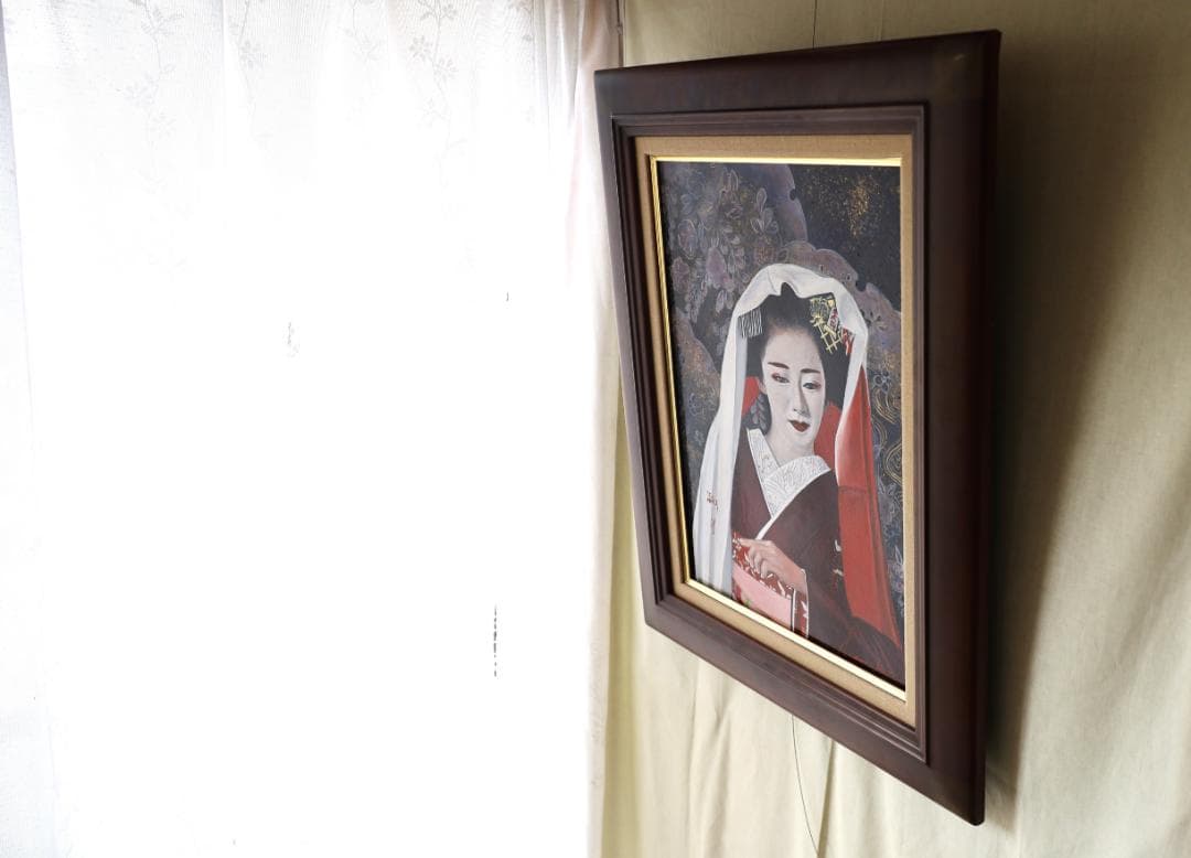 舞妓　美人画　日展作家作品　油絵　P8　直筆1点物　額縁付　京都祇園甲部　芸妓