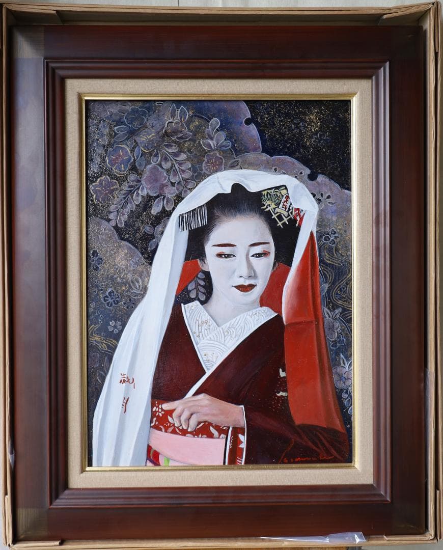 舞妓　美人画　日展作家作品　油絵　P8　直筆1点物　額縁付　京都祇園甲部　芸妓