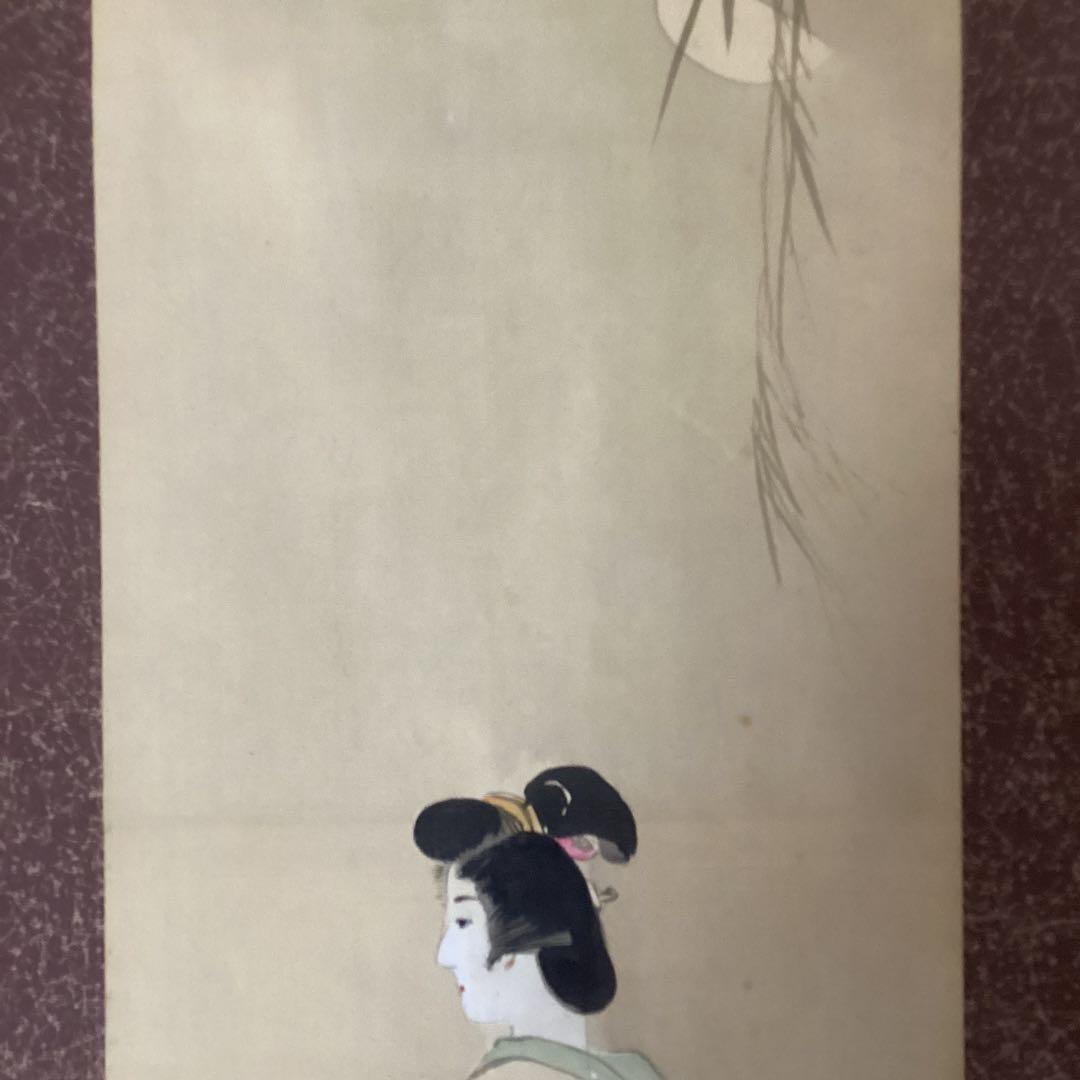 鈴木棲鳳筆　　立ち姿美人画【晩　夏　美　人　図】　絹本掛軸一幅　　555