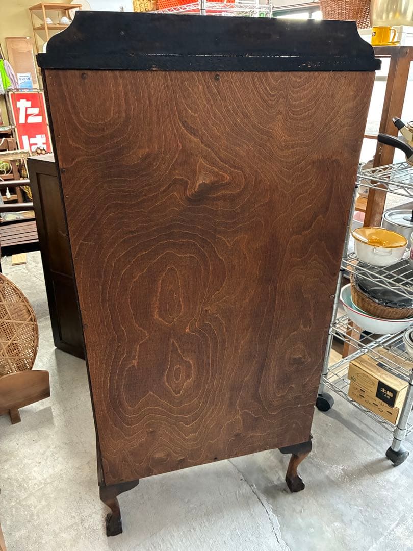 ビンテージ ガラスキャビネット ダークブラウン　猫脚