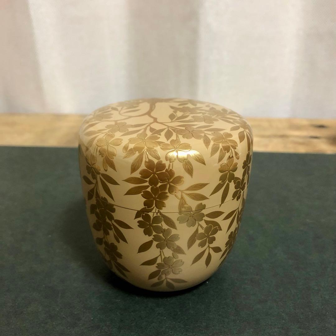 若島孝雄 白塗枝垂桜蒔絵大棗 共箱 茶道具 銀地