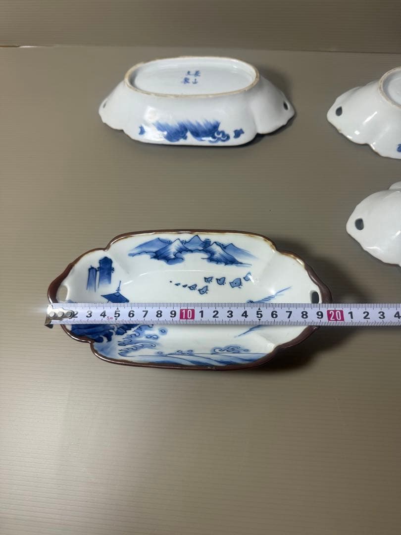 2110 明治大正 伊万里 舟形皿 4客　長山文製 染付山水　時代物