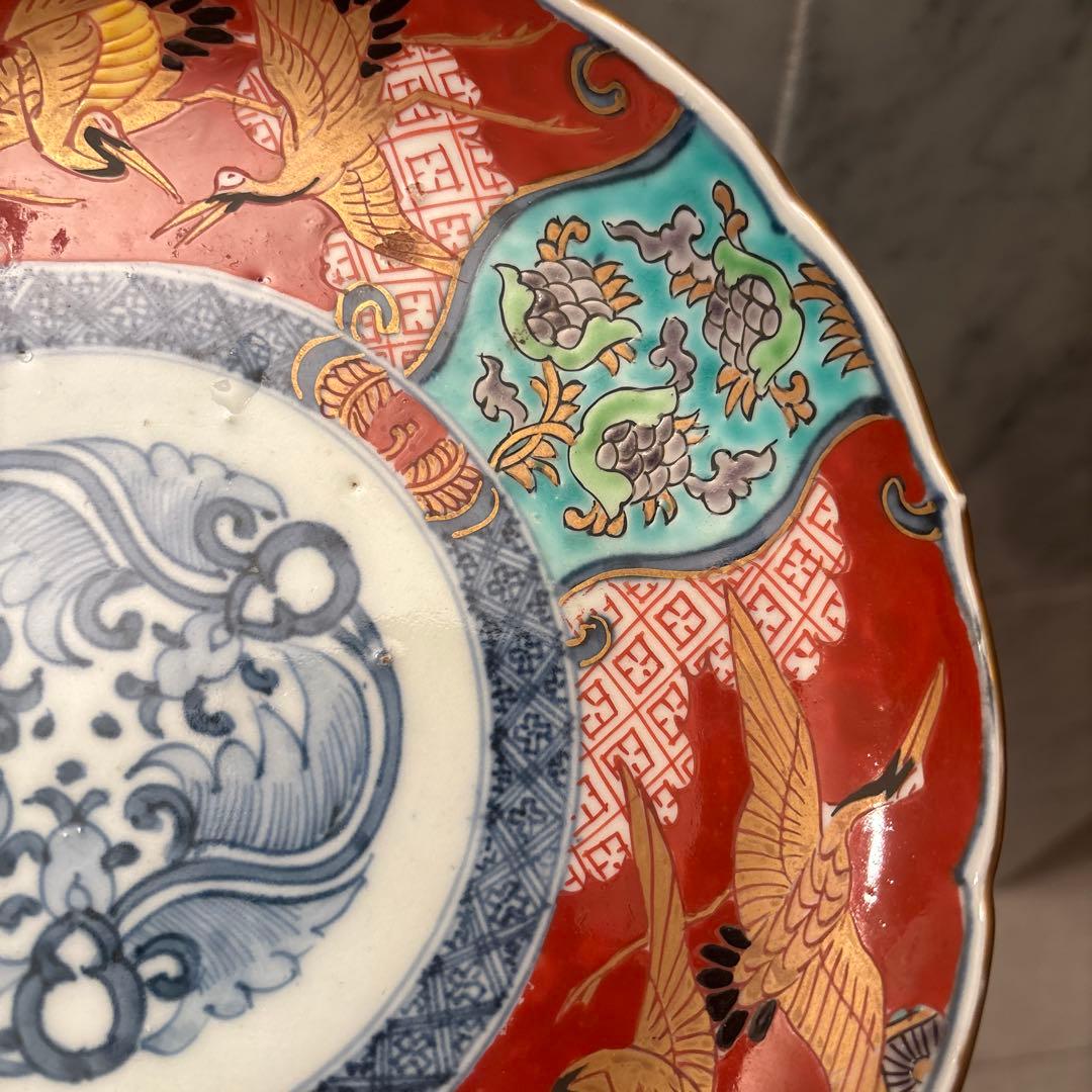 江戸後期 古伊万里 鶴やお花美しく金彩ふんだんの豪華絢爛な赤絵大皿23cm
