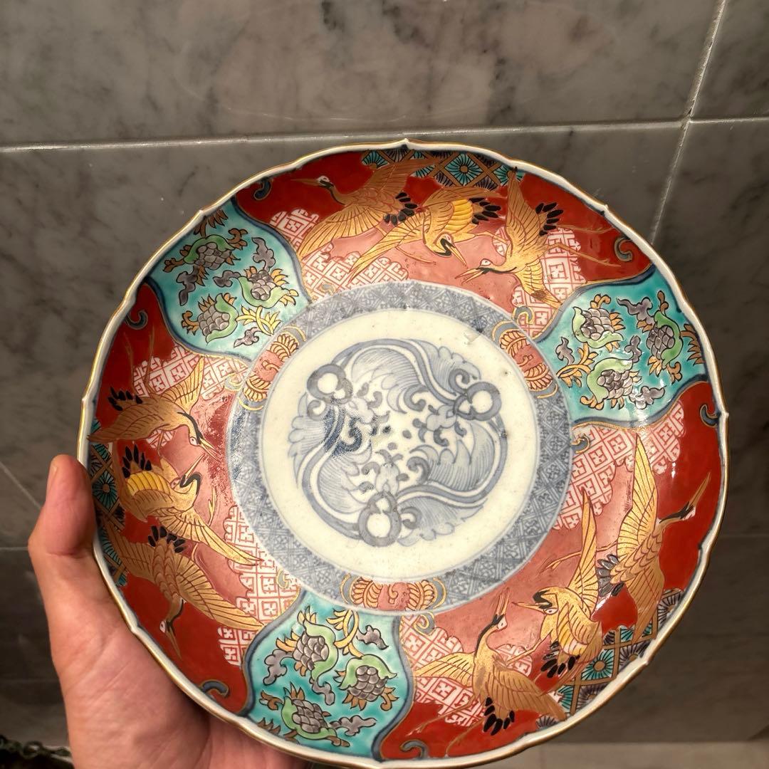 江戸後期 古伊万里 鶴やお花美しく金彩ふんだんの豪華絢爛な赤絵大皿23cm