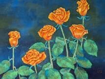 【真作】絵画　原よしえ　日本画6号　蒼に咲くバラ　深藍に映える橙の花々　W107