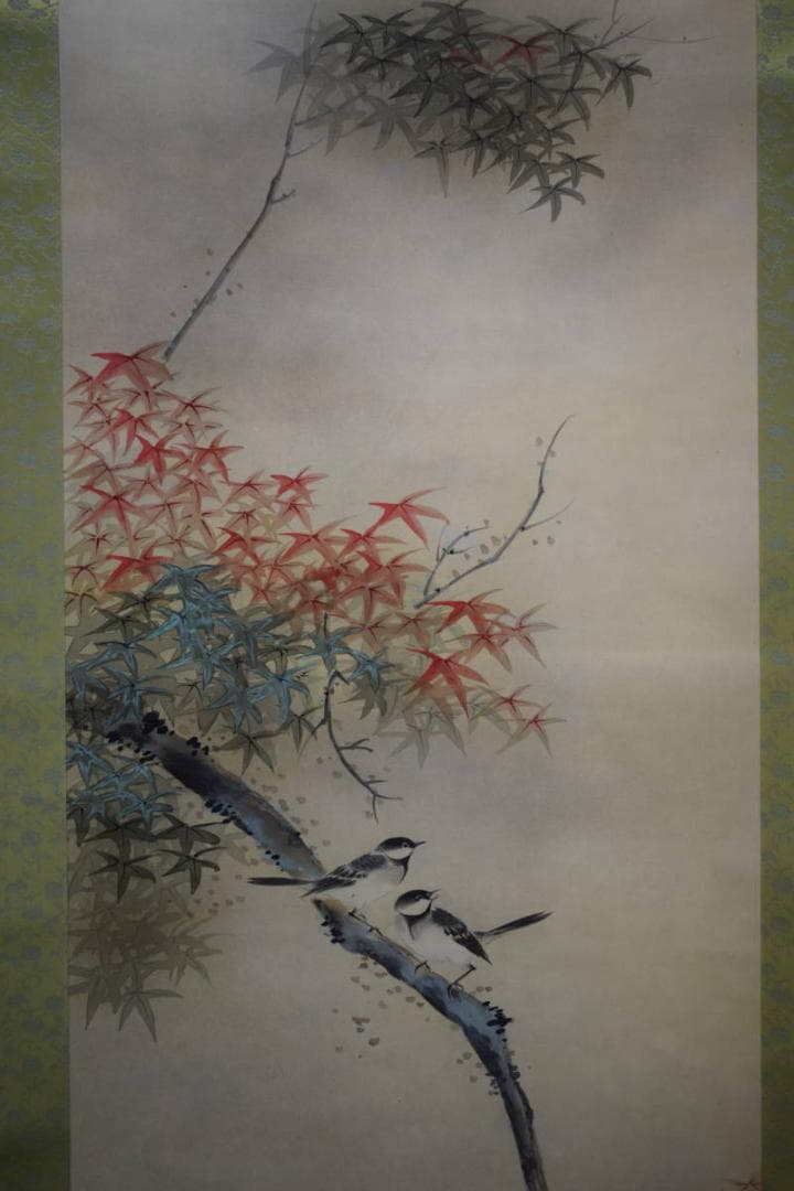 真作/鶴唳/紅葉小禽図/布袋屋掛軸HG-72