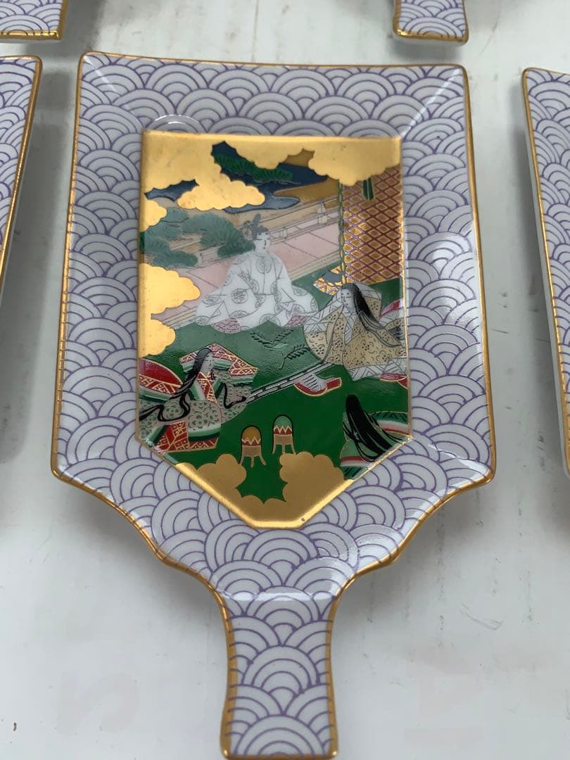 栗野芳葉 源氏物語 絵卷羽子板 小皿五客 共箱 送料込み