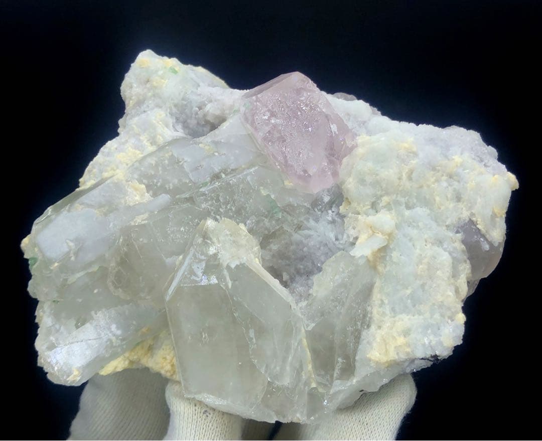 天然ピンクモルガナイト、クォーツクリスタル、グリーントルマリン