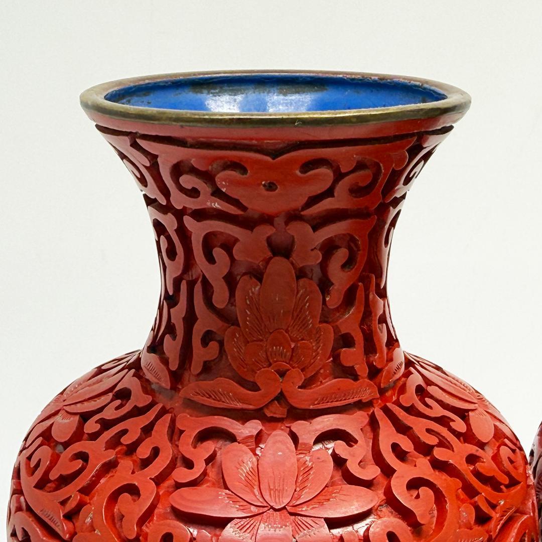 中国美術 堆朱 花瓶 紅雕漆花瓶花器 台座付 2個セット