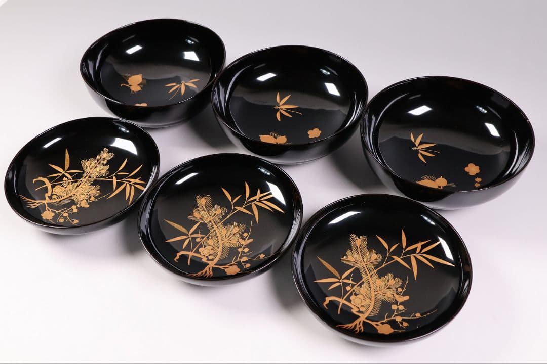 【CM414】輪島塗 松竹梅 金蒔絵 木瓜形 黒塗椀 三客 天然木漆塗 漆器