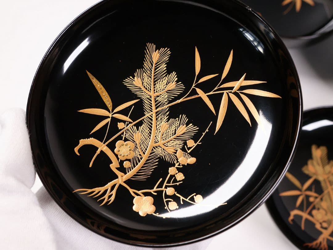 【CM414】輪島塗 松竹梅 金蒔絵 木瓜形 黒塗椀 三客 天然木漆塗 漆器