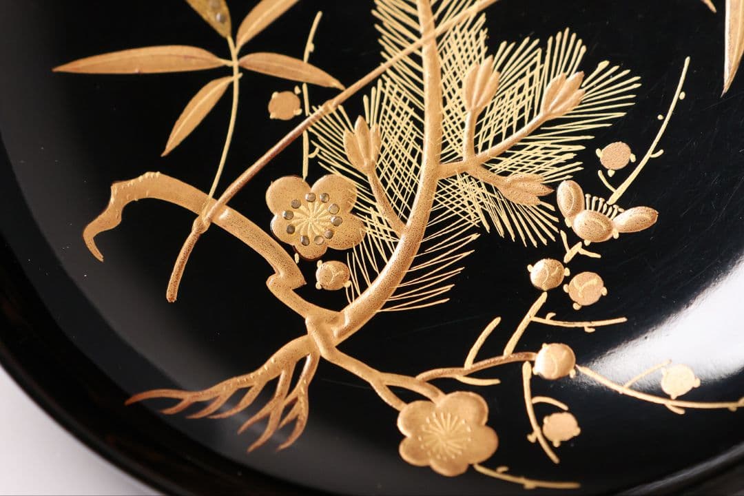 【CM414】輪島塗 松竹梅 金蒔絵 木瓜形 黒塗椀 三客 天然木漆塗 漆器