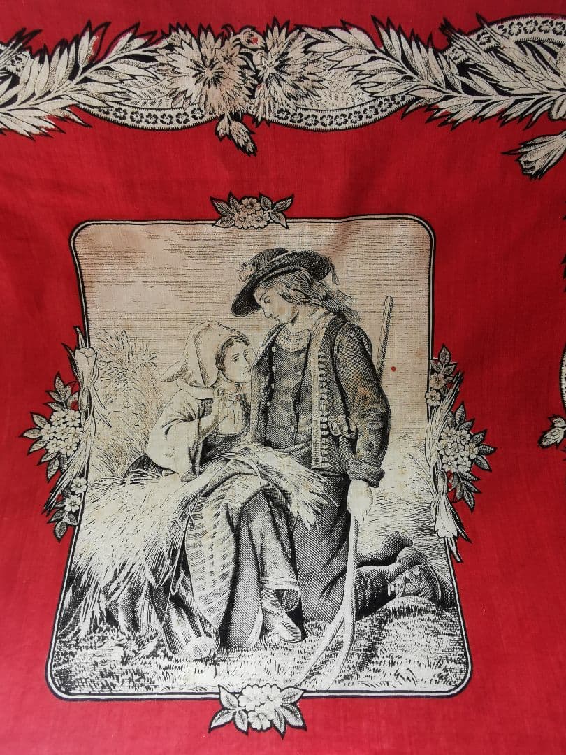 アンティークフランス トワルドジュイクロス 農村のカップル 繕う女性 田園風景