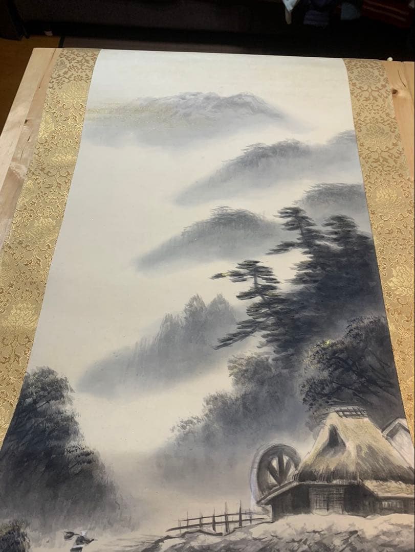 【共箱付】掛け軸 山水画 日本画 水車のある風景 ♪