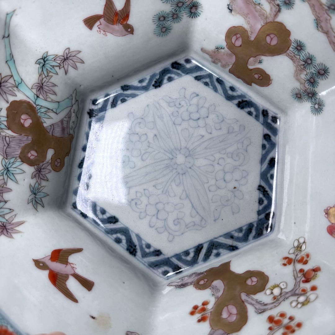 江戸後期〜明治時代　色絵松竹梅鳥賢人図六角鉢　共箱　古美術　豪商旧蔵品