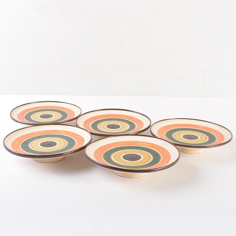 和食器　瀬戸焼　 加藤春鼎 色絵　獨楽　菓子皿　五客　共箱　C　R7548