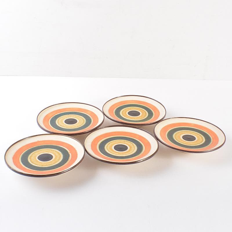 和食器　瀬戸焼　 加藤春鼎 色絵　獨楽　菓子皿　五客　共箱　C　R7548