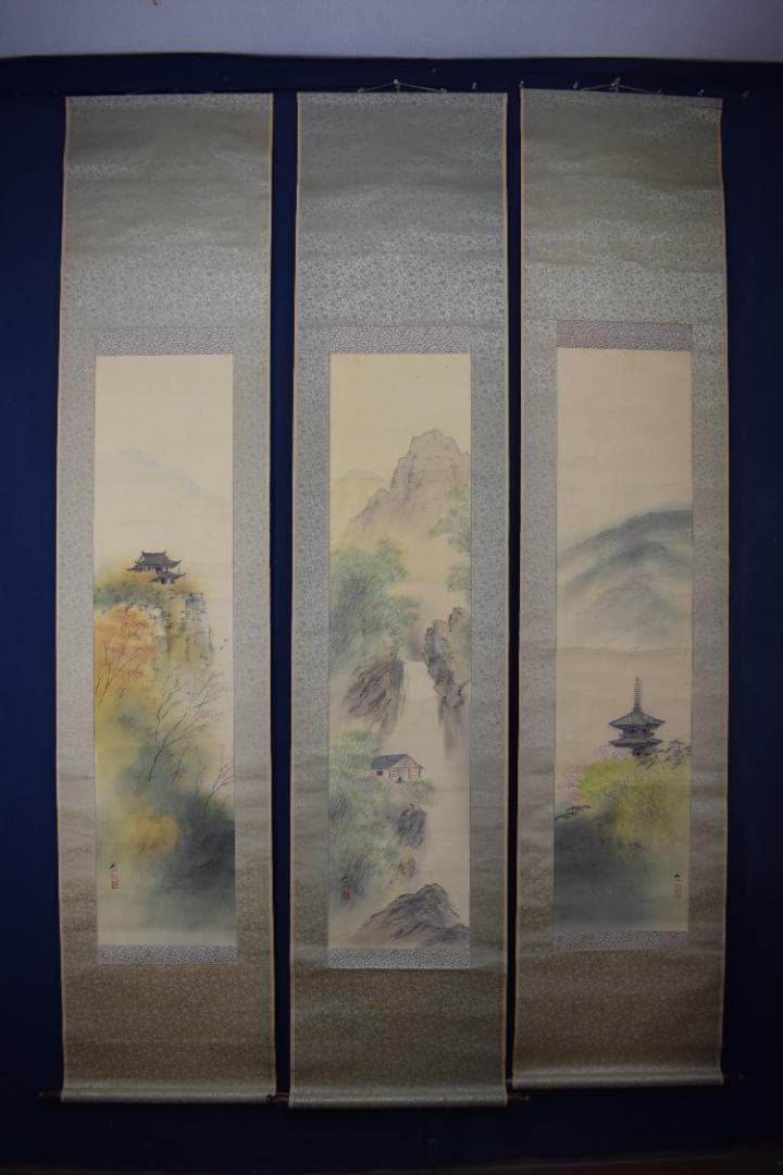 【真作】服部石仙/春夏秋山水図/三幅対/掛軸☆宝船☆Y-989　JM