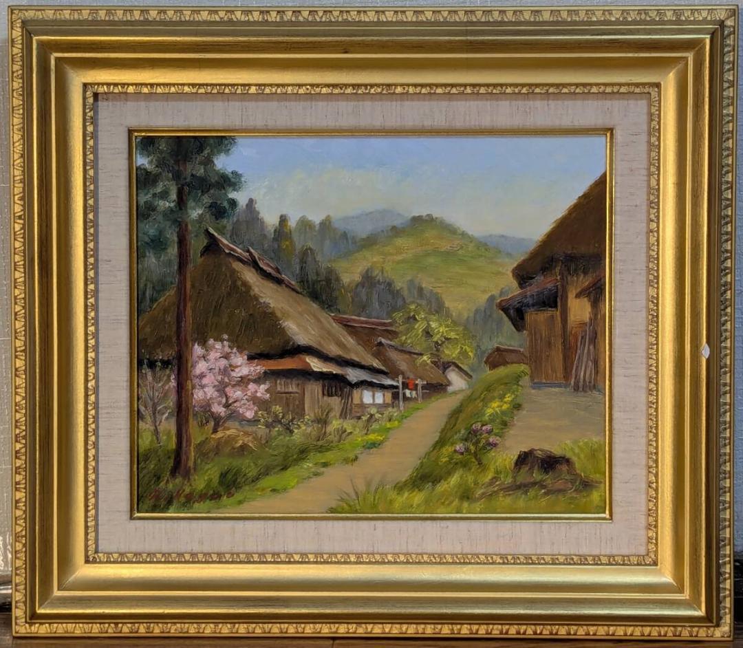 【真作】絵画　長生玲子　油彩3号　五十沢の春　茅葺き古民家と桜が彩る郷愁　Y86