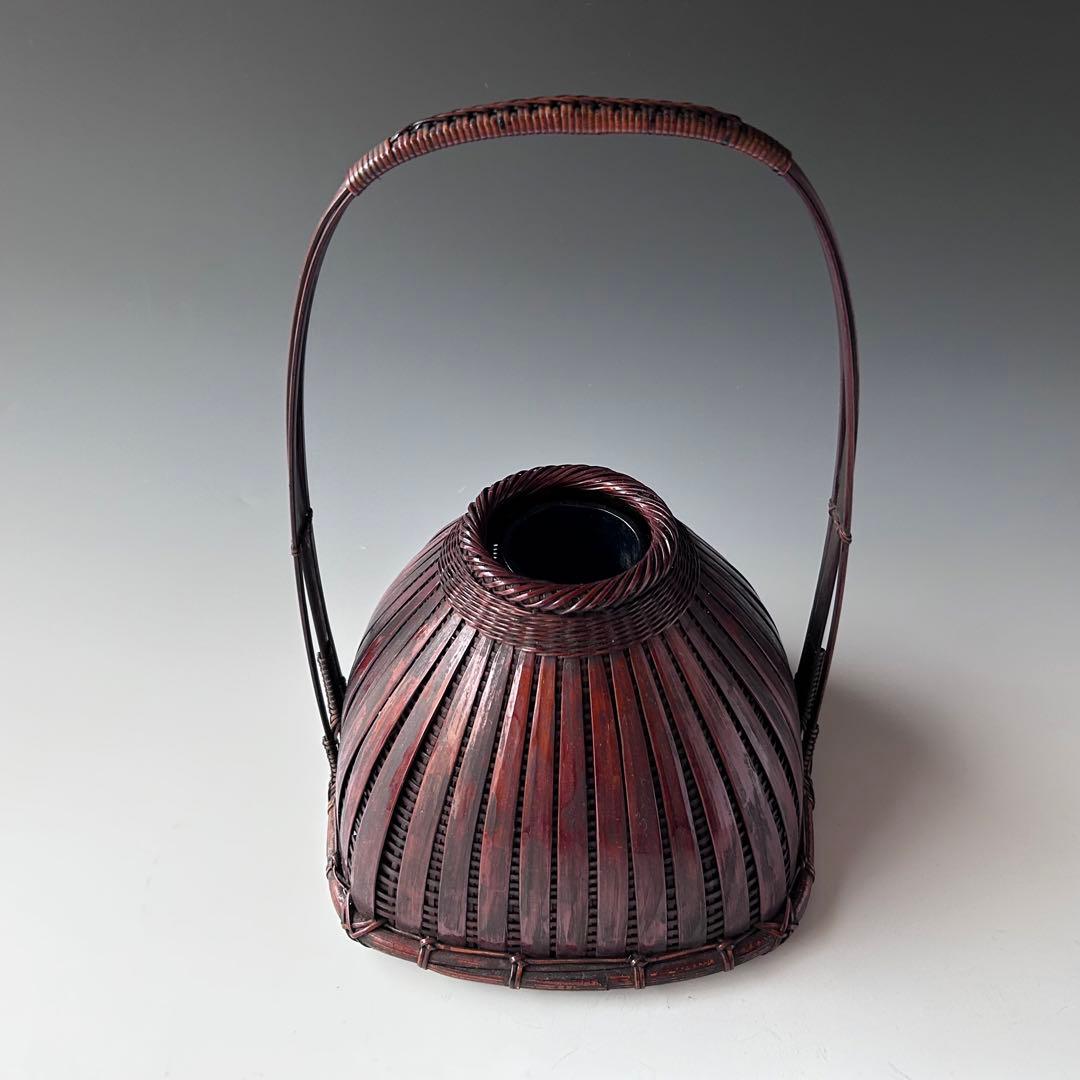 茶道具　煤竹　脛当篭　花入　船橋重郎　共箱　明治　大正　竹工芸　花器　花活け