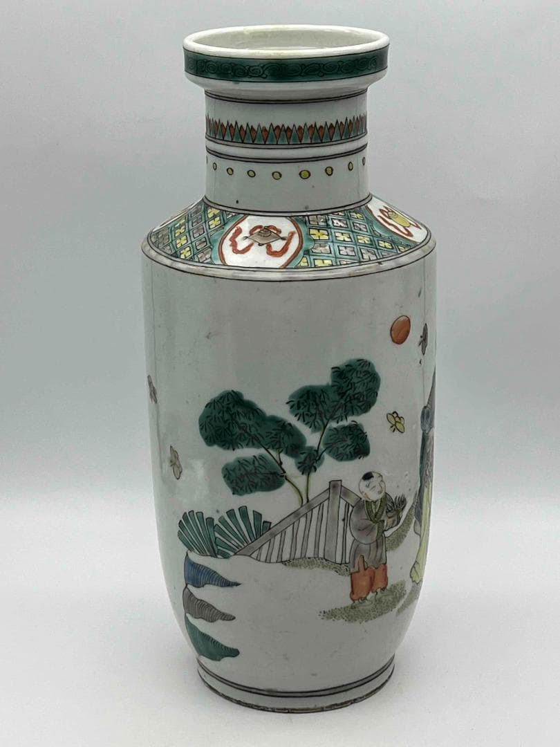 清時代 康熙五彩人物物語文瓶　西廂記棒槌瓶 花瓶(E-74)