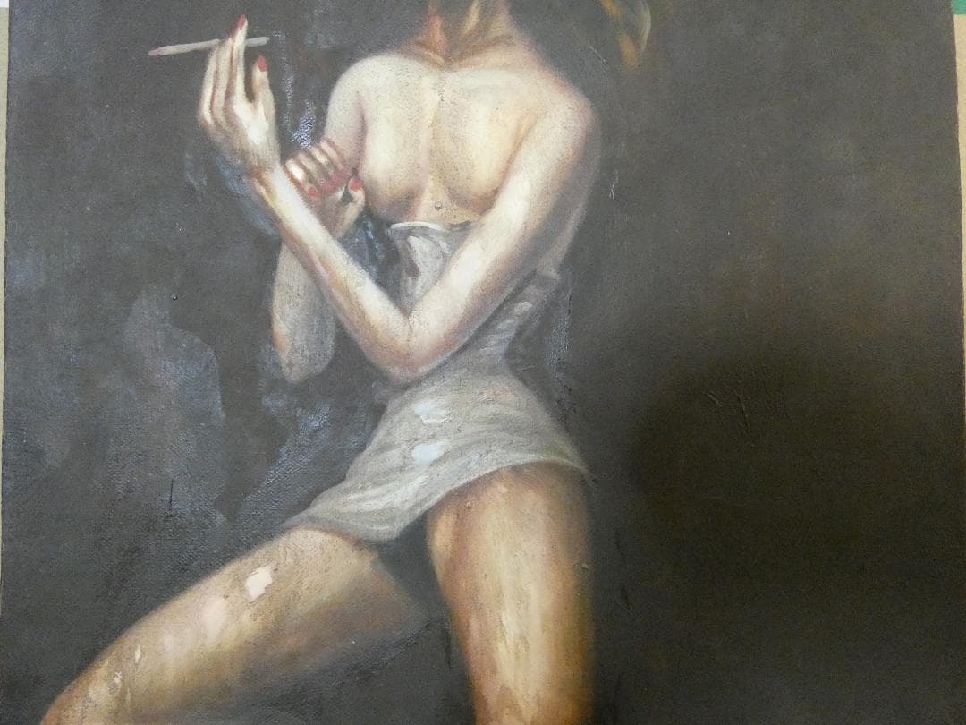 絵画　 油彩　金子國義「タバコを吸う女」 サイン　F6　額装済み 肉筆手描き