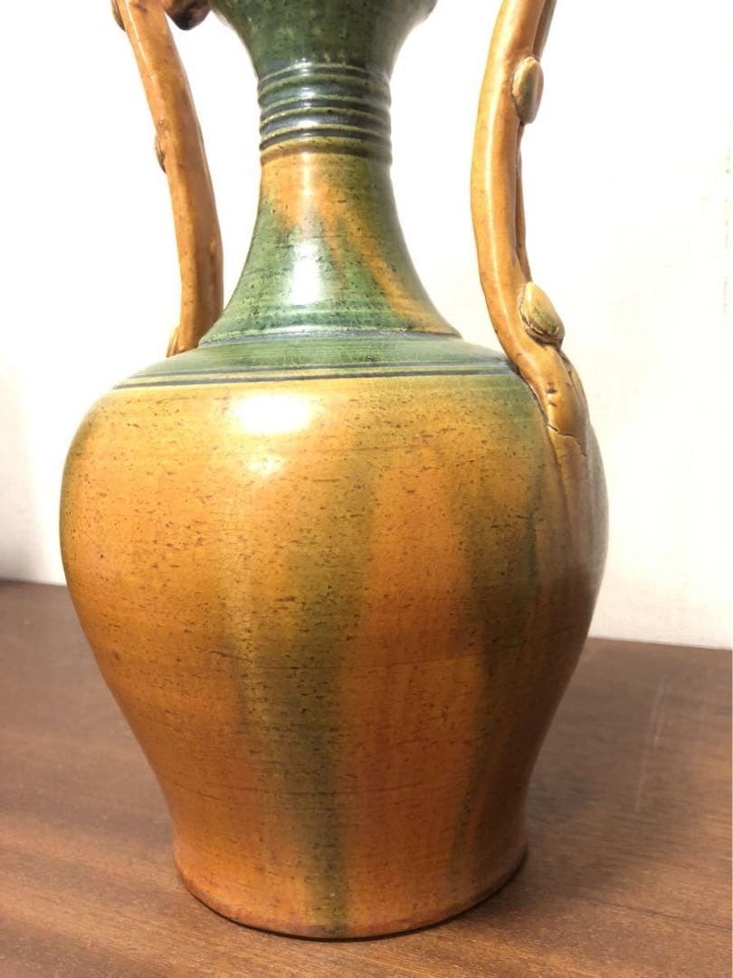 唐三彩　雙耳龍耳花瓶】 木箱付　遼三彩