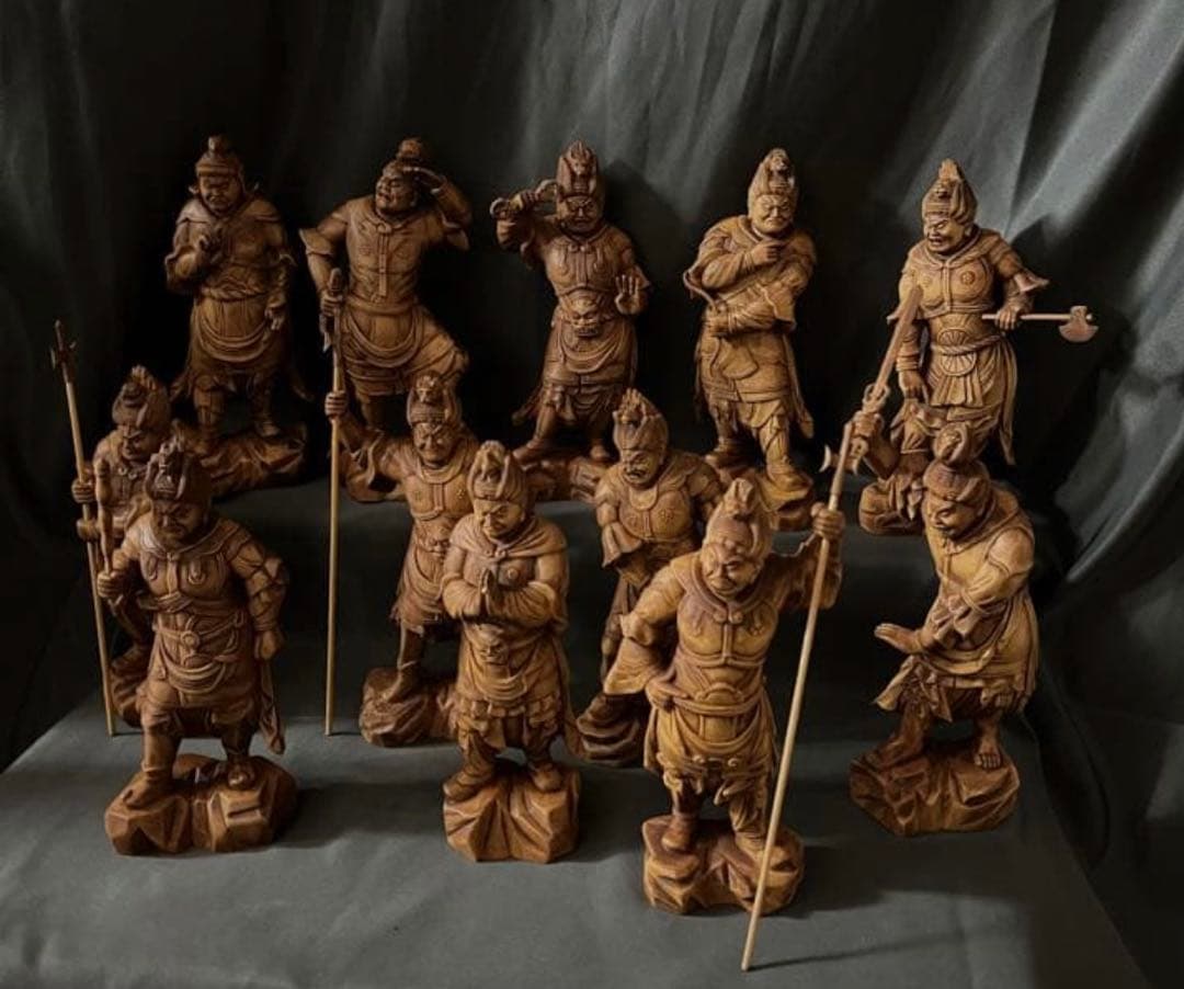 総柘植材 精密細工 古美術 時代木彫 仏教美術 薬師12神将像一式