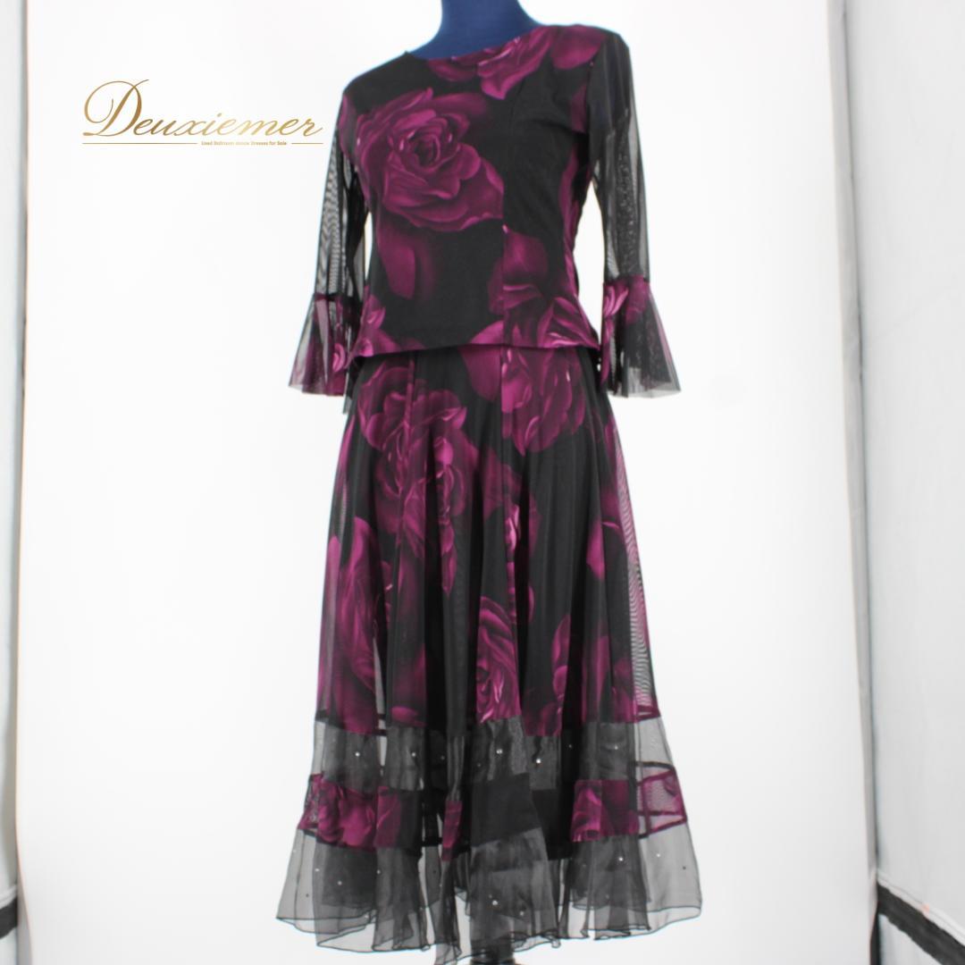 【美品 社交ダンス衣装】上下セット トップス スカート 黒 紫 ブラック 花柄