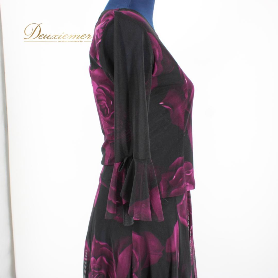 【美品 社交ダンス衣装】上下セット トップス スカート 黒 紫 ブラック 花柄