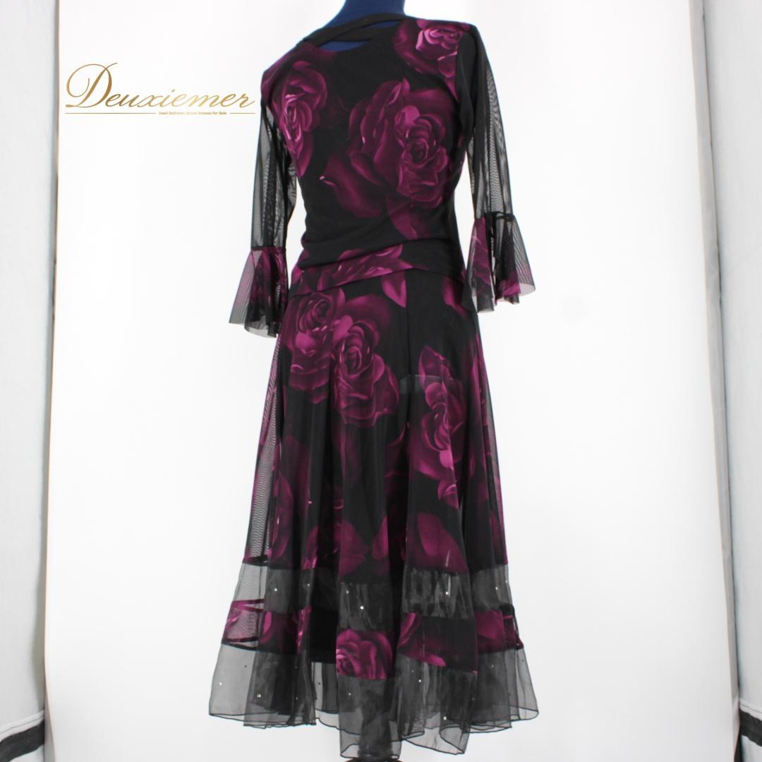 【美品 社交ダンス衣装】上下セット トップス スカート 黒 紫 ブラック 花柄