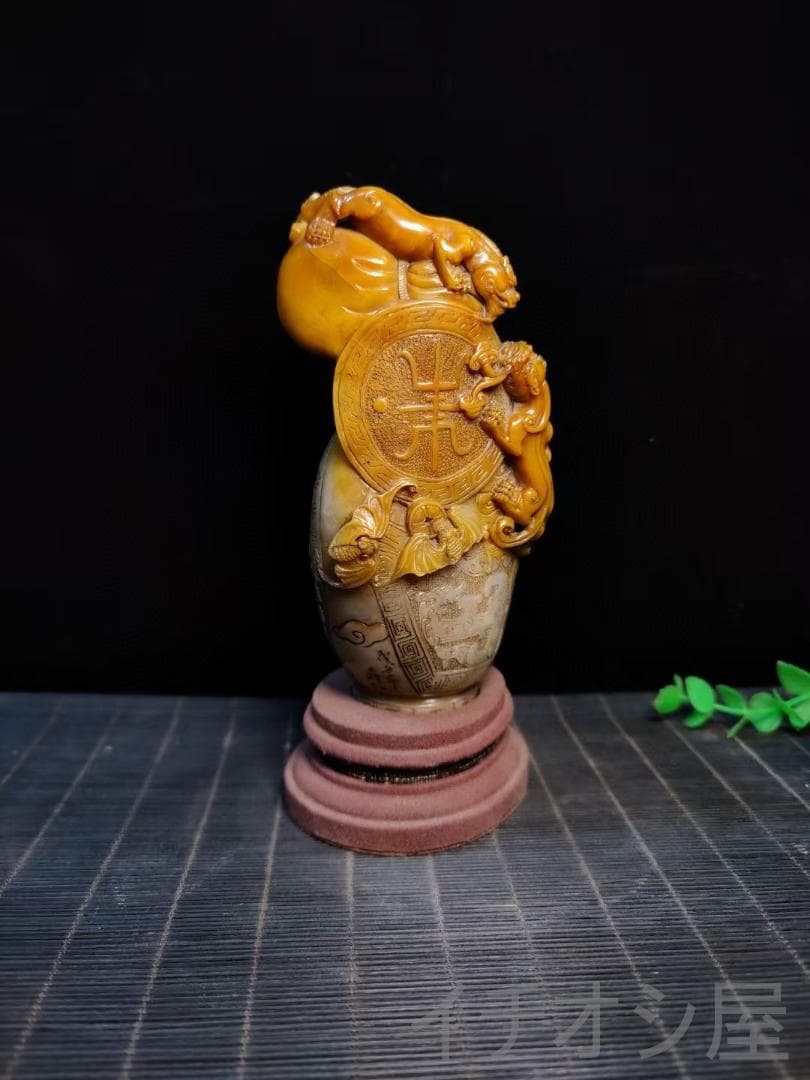 【福寿双全】印鑑・寿山石彫刻｜金銀田黄俏色石彫り｜蒋仁作款｜書道｜風水置物｜印材