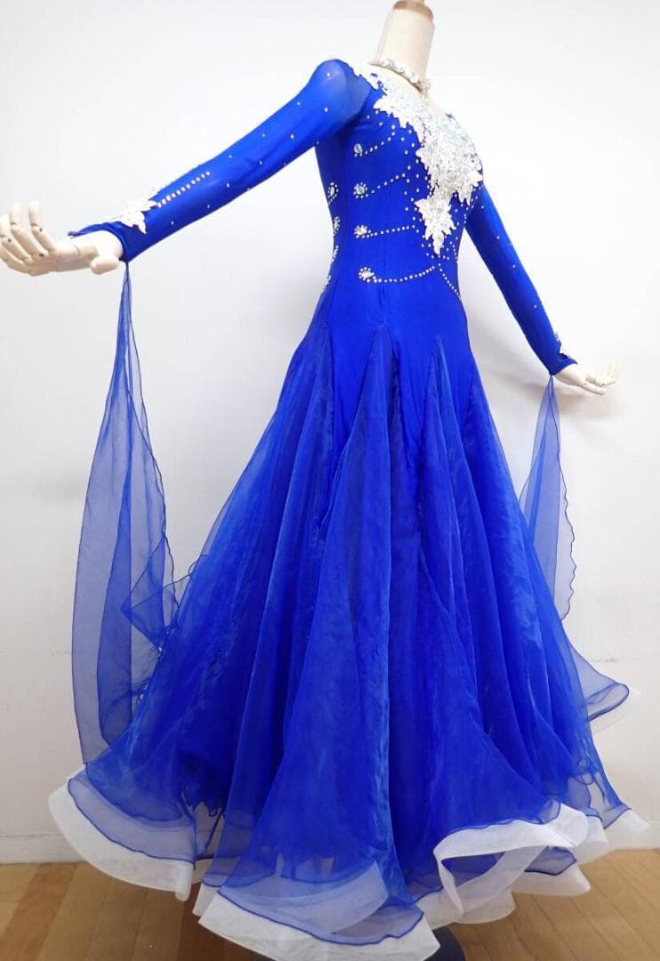 B1444★SMサイズ★青×白/花モチーフ/スタンダードドレス☆社交ダンス