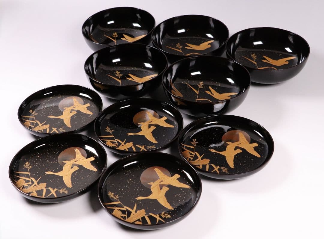 CL64 加賀蒔絵 月に雁 金蒔絵 黒塗煮物椀 五客 木製漆器 梨地 鳥 芦