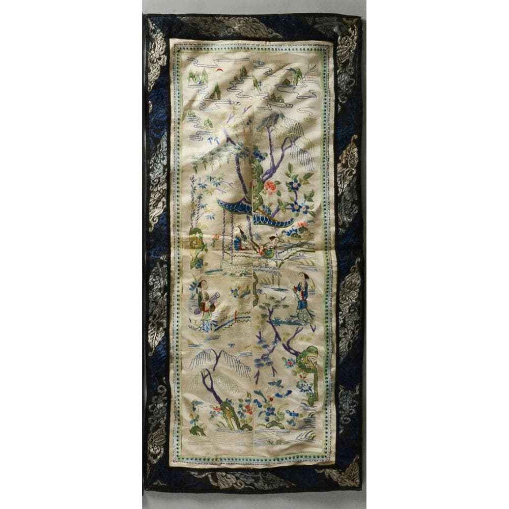 【珍】　★ 亭台人物図繍片 ★　民国時期　刺繍 山水紋 仕女紋　民間織繍