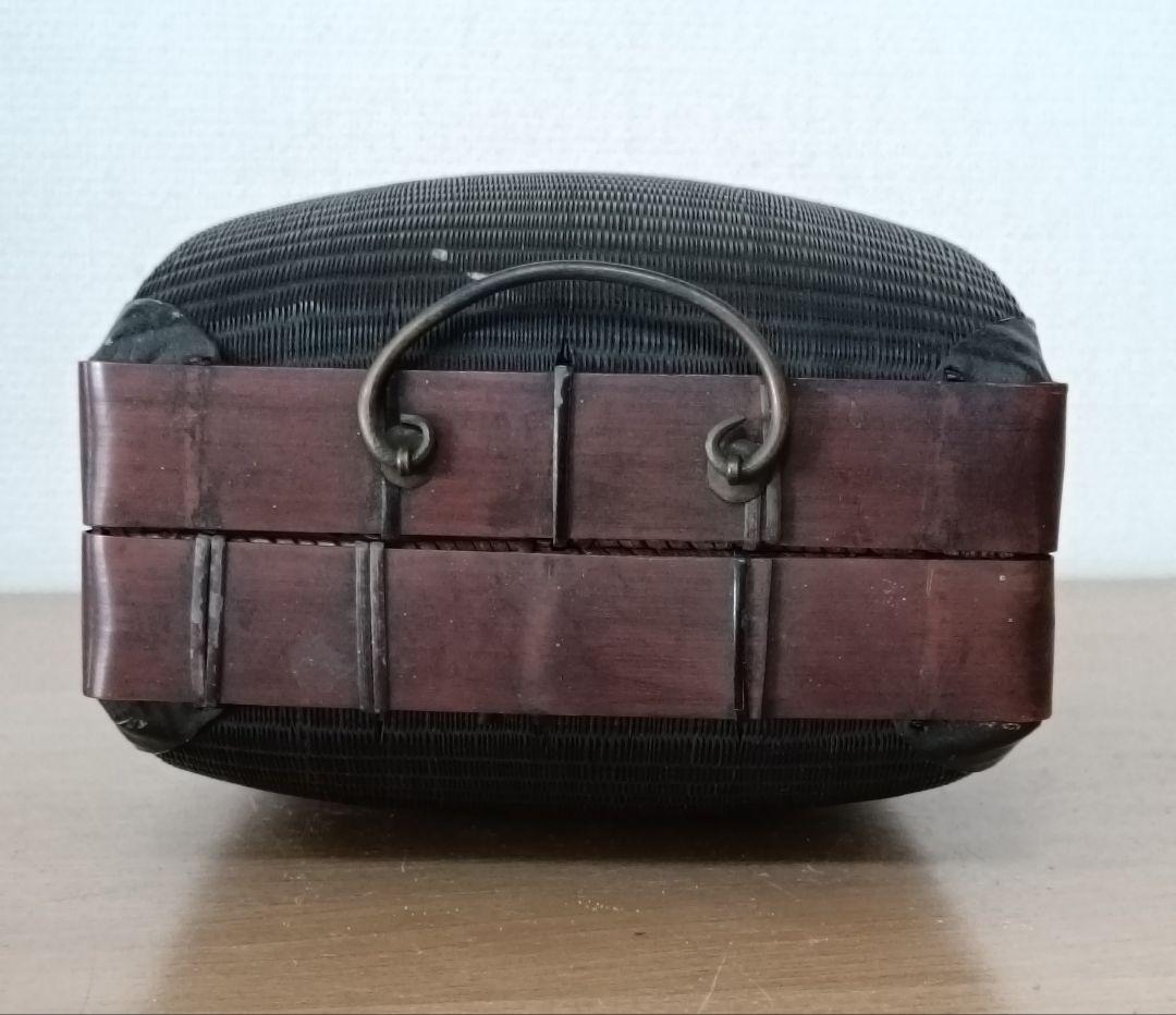 古い 弁当箱 竹編み 銅金具 　箸 網袋 木箱付