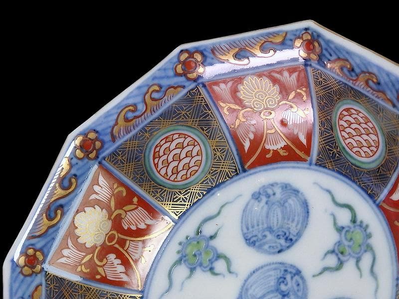 大聖寺伊万里　金襴手　鳳凰に雲　花に青海波の図　八角膾皿　D737AS-fbsv