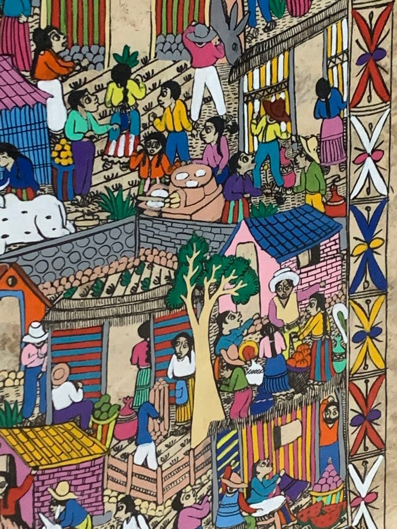 メキシコの村落　カラフルな民俗画